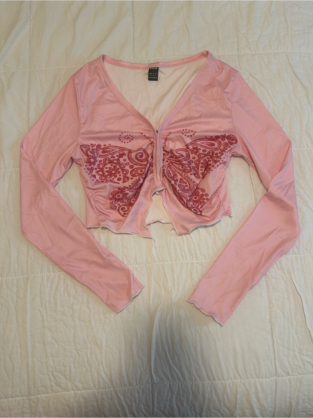 SHEIN Pink Paisley-Print Cropped Long Sleeve Tie-Front Top